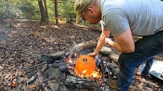 Camping amp Campfire Cooking on Halloween  Pork amp Cider Stew Cooked in a Pumpkin [upl. by Tillion]