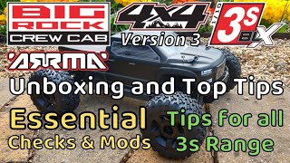 Arrma Big Rock 3s BLX v3 Unboxing and Top Tips Essential checks Granite Typhon Senton Vorteks [upl. by Dalury]