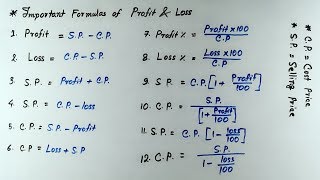 PROFIT amp LOSS  Profit and Loss important formulas [upl. by Auburta]