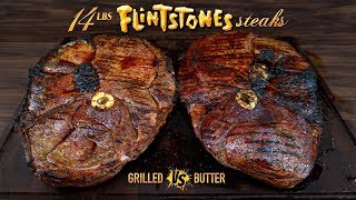 110 Oz GIANT STEAKS Grilled vs Butter Poached Flintstone Steak  GugaFoods [upl. by Bank662]