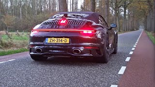 Porsche 992 Carrera 4S with Akrapovic Exhaust amp TechArt Details Revs Driving Visual Review [upl. by Annaynek398]