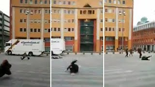 Powerful winds sweep people off their feet in the Netherlands [upl. by Nhaj780]