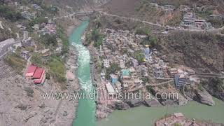 Bhagirathi river meets Alaknanda at Devprayag forms Ganga  Aerial view [upl. by Philbert]