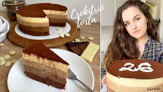 CSOKITRIÓ 🍫🤍🤎  Triplacsokis Mousse torta  BebePiskóta [upl. by Caputto]