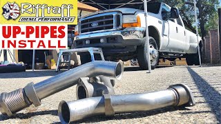 2001 F350 73  RiffRaff UpPipes Install  Stock up pipes leaking and falling apart JUNK SP [upl. by Kenwood]