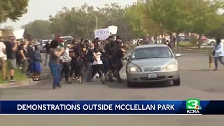 Protesters hit by cars outside McClellan Park during Trump visit [upl. by Nashbar]