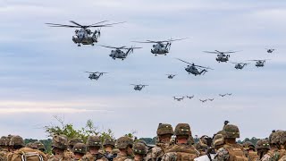 US Marine Corps CH53E Super Stallions and MV22B Ospreys participate in a large scale air assault [upl. by Conlin]