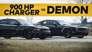 Dodge Demon vs 900 HP Hellcat Charger  Street Race Comparison [upl. by Bashemath]