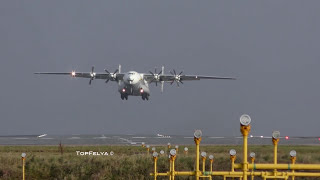 Antonov An22 Crosswind Take Off Words Biggest Turboprop Manchester Airport [upl. by Nilats]