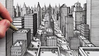 How to Draw a City using 1Point Perspective Pen Drawing [upl. by Loredo]