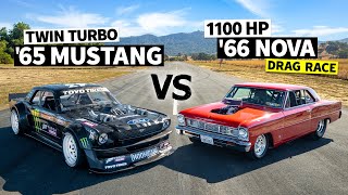 1100hp Big Block Chevy Nova Dragster on Slicks vs Ken Blocks AWD Mustang [upl. by Lotson]